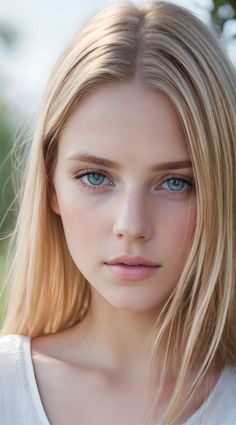 Close-up portrait of a young woman with blonde hair and blue eyes