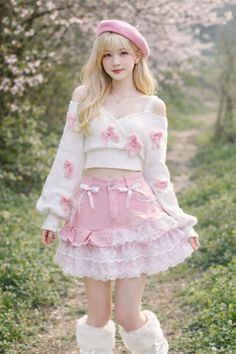 Woman in a pink beret and white sweater with a pink ruffled skirt outdoors