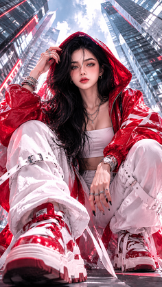 Woman in a red hoodie and white cargo pants in a cityscape