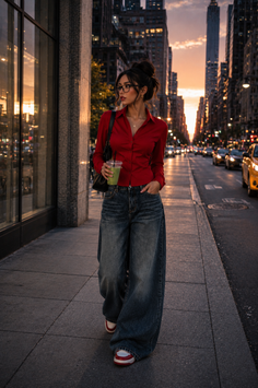 Woman in a red shirt and baggy jeans walking on a city street at sunset