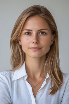 Woman with long blonde hair wearing a white shirt and necklace