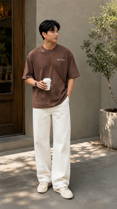 Man in a brown t-shirt and white pants holding a coffee cup outdoors