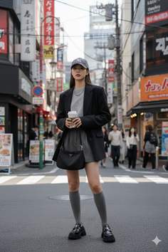 Woman in a blazer, mini skirt, and baseball cap standing on a city street
