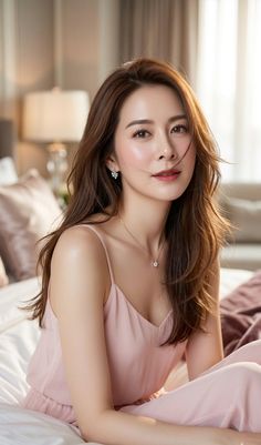 Woman with long brown hair wearing a pink top and jewelry in a bedroom