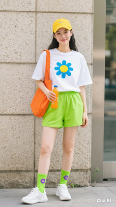Woman in a white t-shirt and green shorts holding a drink bottle outdoors
