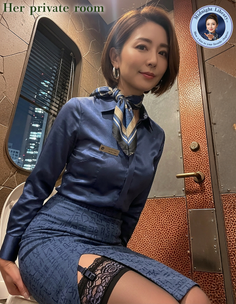Woman in a blue uniform with lace stockings, sitting indoors at night