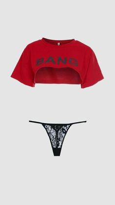 Red crop top with 'BANG' text and black lace g-string on a white background
