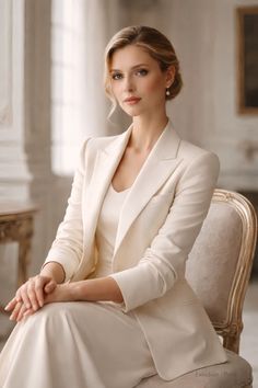 Woman with blonde hair in an updo wearing a cream suit and pearl earrings indoors