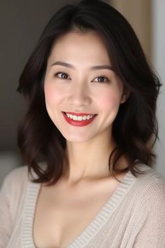 Woman with dark hair and red lipstick smiling at the camera