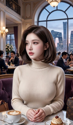 Woman in a cream turtleneck sweater in a cafe with a cityscape view
