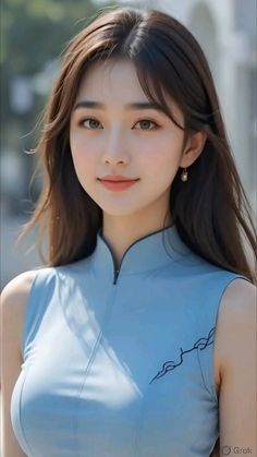 Woman with long brown hair wearing a blue top and earrings outdoors