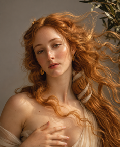 Woman with long red hair and freckles, draped in sheer fabric