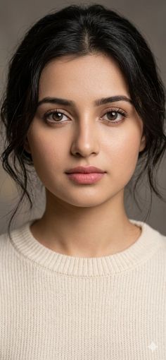 Woman with dark hair and brown eyes wearing a light sweater