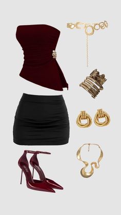 Fashion flat lay with a burgundy top, black skirt, red heels, and gold accessories
