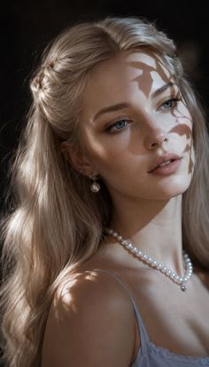 Blonde woman with pearl jewelry and leaf shadows on her face
