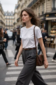 Woman with long hair wearing a white t-shirt and wide-leg pants on a city street