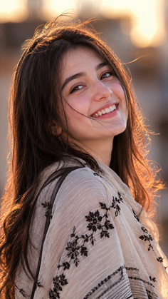 Young woman with long hair smiling in golden hour sunlight