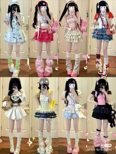 Eight different outfits featuring mini skirts, leg warmers, and platform shoes