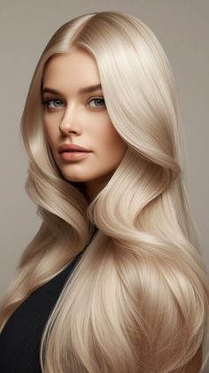 Woman with long wavy blonde hair and blue eyes looking at the viewer