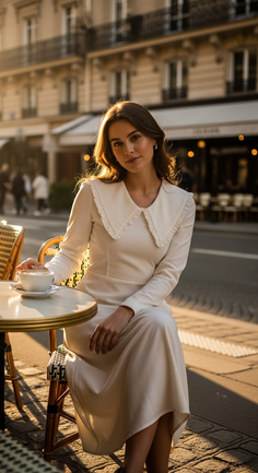 Woman in a white dress with a ruffle collar sitting at an outdoor cafe