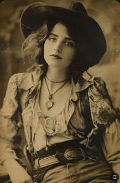Woman in a cowboy hat and ruffled shirt with a sepia tone filter