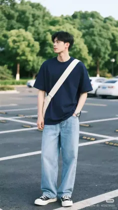 Man in a navy t-shirt and baggy jeans with a crossbody bag outdoors
