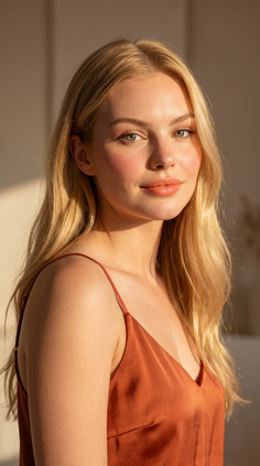 Blonde woman in an orange top with soft lighting on her face