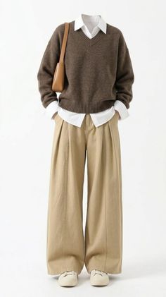 A casual outfit featuring a brown sweater over a white shirt with wide leg pants