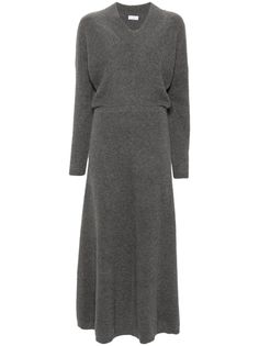 Gray long-sleeve midi dress with a v-neck on a white background