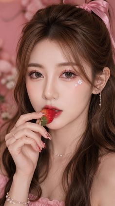 Woman with long hair and pink makeup holding a strawberry to her lips