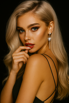 Woman with blonde hair and red lipstick wearing a black dress and spider earrings