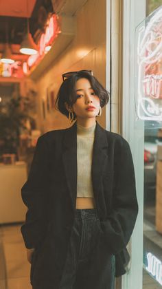 Woman with short hair wearing a black blazer and crop top in an urban setting
