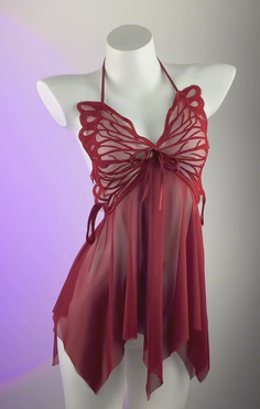 Red sheer lingerie with a butterfly design on a white mannequin