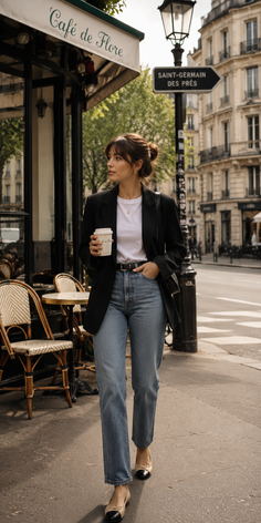 Woman in a blazer and jeans walking past a cafe on a city street
