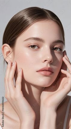 Woman with brown hair and natural makeup touching her face in a studio shot