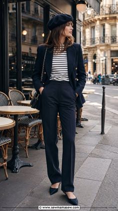 Woman in a beret and blazer standing on a street in front of a cafe