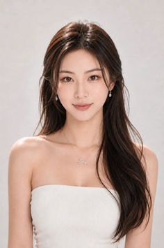 Woman with long brown hair wearing a white top and jewelry