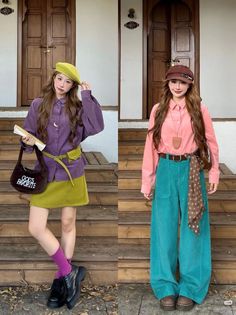 Two women in colorful corduroy outfits posing outdoors on wooden steps