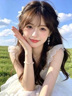 Woman with long hair in a white dress posing in a grassy field under a blue sky