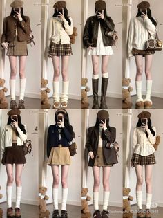 Multiple full body shots of people in various autumn outfits with berets and pleated skirts