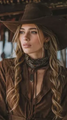 Woman in a cowboy hat and brown top with braided blonde hair