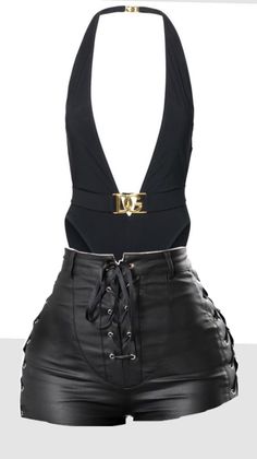 Black halter neck bodysuit with a gold buckle and black lace-up shorts