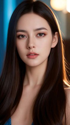 Realistic portrait of a woman with long dark hair and soft lighting