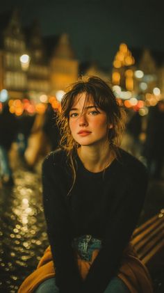 Woman with wet hair and freckles in a dark city at night with bokeh lights
