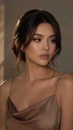Woman with brown hair in an updo wearing a spaghetti strap top