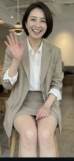 Woman with short hair in a suit jacket and mini skirt, smiling and waving
