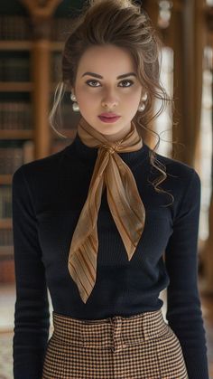 Woman in a black turtleneck and silk scarf with an updo hairstyle