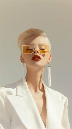 Woman with short blonde hair, yellow sunglasses, and red lipstick in a white blazer