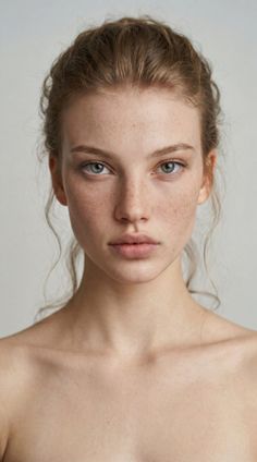 Close-up portrait of a woman with freckles and green eyes
