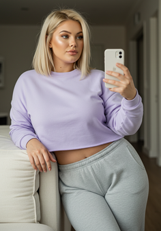 Woman with blonde hair in a lavender crop top and grey sweatpants taking a selfie